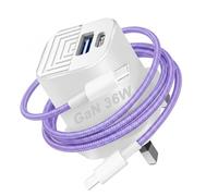 36W Super Fast Charger For TCL 605 405 505 60 SE 50SE 50 Pro/TCL 30 40 R 40 Se 30 Plus 305 306 60R 5g 60 Ultra USB C + USB A Adapter Plug with Cable (PURPLE)