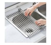 37-47 CM Roll Up Dish Drying Rack Over The Sink Portable Stainless Still Rolling Rack Folding Mat, Sink Cover Multipurpose Organizer Collapsible Dish Drainer(grey,37x35cm/14.6x13.8in)