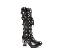 New Rock Womens Ladies Black Buckle Laced Knee-High Boots- TR004-S1 - Size EU 37