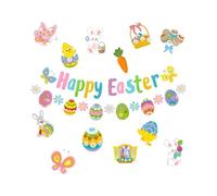 37 Pcs Easter Banner Set, Happy Easter Theme with Cartoon Bunny & Colorful Egg Stickers, Party Decorations for Home, Office, Classroom, Lightweight, Easy to Hang