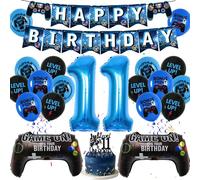 37 Pcs Video Game Birthday Decorations for Boys, 11th Blue Gaming Theme Party Balloons for Gamer Fans with Banners, Cake Topper, Game Controller Foil Balloon and Cool Latex Balloons Party Supplies