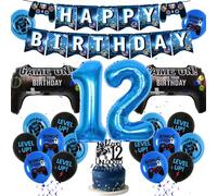 37 Pcs Video Game Birthday Decorations for Boys, 12th Blue Gaming Theme Party Balloons for Gamer Fans with Banners, Cake Topper, Game Controller Foil Balloon and Cool Latex Balloons Party Supplies
