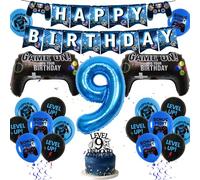 37 Pcs Video Game Birthday Decorations for Boys, 9th Blue Gaming Theme Party Balloons for Gamer Fans with Banners, Cake Topper, Game Controller Foil Balloon and Cool Latex Balloons Party Supplies