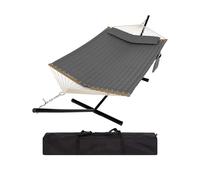 370cm Double Hammock with Stand, 2 Person Outdoor Hammock, Heavy Duty 204kg Capacity, Quilted Weather-Resistant Fabric, Hardwood Spreader Bars, Steel Frame & Carry Bag for Patio, Garden & Beach