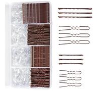 370PCS Brown Bobby Pins Kit, Hair Styling Accessories For Women, Including 125 U Shaped Pins, 125 Straight Clip And 120 Clear Elastic Hairbands, Multi Sizes BunPins For All Hair Types