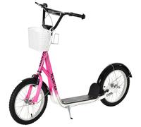 HOMCOM Kids Scooter, Kick Stunt Scooter with Adjustable Handlebar, Dual Brakes, Basket, Cupholder, Mudguard, 16" Inflatable Rubber Wheels, for 5-12 years, Pink
