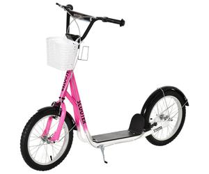 371-029PK HOMCOM Kids Scooter, Kick Stunt Scooter with Adjustable Handlebar, Dual Brakes, Basket, Cupholder, Mudguard, 16" Inflatable Rubber Wheels, for 5-12 years, Pink