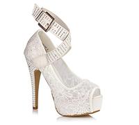 372 Women's Lace Platform Killer High Heels Peep Toe Diamante Stud Ankle Strap Evening Party Shoes 3-8 (White, Numeric_4)