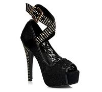 372 Women's Lace Platform Killer High Heels Peep Toe Diamante Stud Ankle Strap Evening Party Shoes 3-8 (Black, Numeric_4)