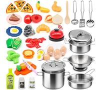 37Items 59Pcs Kids Pretend Play Kitchen Accessories Set, Stainless Steel Play Pots and Pans Sets for Kids, Cooking Utensils, Play Food Pizza Knife Kitchen Playset Toys Gift for Boys Girls Toddlers 3+