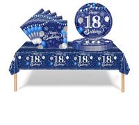 37Pcs 18th Birthday Tableware Set Navy Blue,18th Birthday Decorations with Party Paper Plates and Napkins,Plastic Table Cloth for Her His Girl Boy Happybirthday Table Decoration Dinnerware Supplies