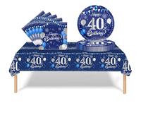 37Pcs 40th Birthday Tableware Set Navy Blue,40th Birthday Decorations with Party Paper Plates and Napkins,Plastic Table Cloth for Her His Women Men Happybirthday Table Decoration Dinnerware Supplies
