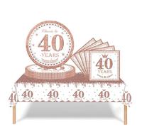 37Pcs 40th Birthday Tableware Set Rose and Gold,40th Birthday Decorations with Party Paper Plates and Napkins,Plastic Table Cloth for Her Women Happybirthday Table Decoration Dinnerware Supplies