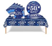 37Pcs 50th Birthday Tableware Set Navy Blue,50th Birthday Decorations with Party Paper Plates and Napkins,Plastic Table Cloth for Her His Women Men Happybirthday Table Decoration Dinnerware Supplies