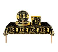 37pcs Black Gold 16th Birthday Decorations for Girls and Boys - Tablecloth, Paper Plates, Napkins for Table Decorations - Gifts for Him, Her