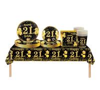 37pcs Black Gold 21st Birthday Decorations for Girls & Boys - Tablecloth, Paper Plates, Napkins & Serviettes for 21st Birthday Table Decorations