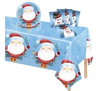 37Pcs Christmas Party Tableware Set Xmas Paper Plates 9 Inch Napkins Table Cloth,Santa Claus Snowman Blue Merry Christmas Paper Dinnerware Set for Christmas Winter New Year Birthday Party Decorations