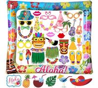 37Pcs Hawaiian Party Inflatable Selfie Photo Frame & Photo booth Props Set for Pictures & Decorations Aloha Luau Party Selfie Props for Summer Tropical Flamingo Tiki Birthday Party Supplies