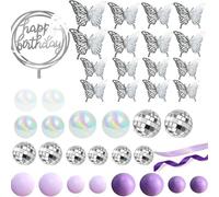 37Pcs Ins Cake Decorations Purple Disco Ball Cake Topper Music Note Mic Star Heart Glitter Decor For Themed Birthday Party