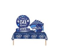37pcs Navy Silver 50th Birthday Decorations - Tablecloth, Paper Plates, Napkins for Him & Her
