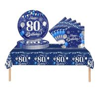 37pcs Navy Silver 80th Birthday Decorations for Women, Men - Tablecloth, Paper Plates, Napkins for Adults, Him, Her - Party Supplies and Gifts