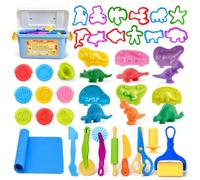 37Pcs Play Dough Tools for Kids Age 3+, Clay Accessories with Storage Box, Mat, Cutters, Rolling Pins, Safety Scissors, Stamps, Animal & 3D Dino Makers, Gift for 3 Year Old Boys Girls