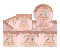 37Pcs Rose Gold 21st Birthday Party Tableware 16 Guests, Happy 21st Birthday Rose Gold Party Paper Plates Tablecloth and Napkins Tableware Set for Women Her Birthday Gifts Party Supplies Table Decors