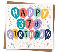 37th Birthday Card, 37th Birthday Card, Happy Balloon Design Greeting for Her or Him, Fun Colourful Celebration