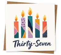 37th Birthday Card, Five Patterned Candles, Thirty-Seven | Celebrate a 37th with five colourful patterned candles and bold “Thirty-Seven” wording on the front.
