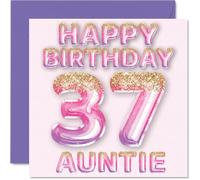 37th Birthday Card for Auntie - Pink & Purple Glitter Balloons - Happy Birthday Cards for 37 Year Old Aunt Aunty from Nephew Niece, 145mm Bday Greeting Cards Gift