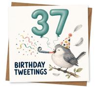 37th Birthday Card for Her, Birthday Tweetings Bird | Celebrate her 37th with “Birthday Tweetings”, a party-hat bird blowing a spotty horn under big 37 balloons and confetti.