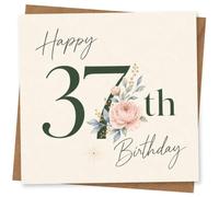 37th Birthday Card for Her, Blush Peony and Sage 37 | Elegant “Happy 37th Birthday” handwritten script with a large sage 37 and blush peony, blue-grey leaves and berry sprigs.