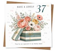 37th Birthday Card for Her, Floral Gift Box and Confetti | Watercolour bouquet bursting from a striped present with ‘Have a lovely 37th’ and ‘You’re so special in so many ways’.