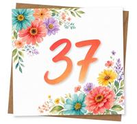 37th Birthday Card for Her, Orange 37 & Watercolour Flowers | Vibrant orange 37 surrounded by painted blooms and greenery, adding a bright pop for her 37th birthday.