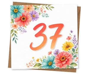 37th Birthday Card for Her, Orange 37 & Watercolour Flowers | Vibrant orange 37 surrounded by painted blooms and greenery, adding a bright pop for her 37th birthday.
