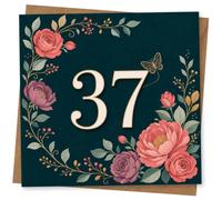 37th Birthday Card for Her, Rose Blooms and Butterfly | For her 37th: bold 37 surrounded by rose blooms, soft foliage and a delicate butterfly detail on dark teal.