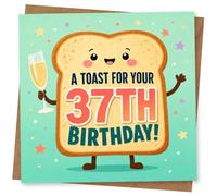 37th Birthday Card for Her, Toast Pun & Star Sprinkles | For her 37th birthday, a cheerful toast character with playful star details and big “A TOAST FOR YOUR 37th BIRTHDAY!” text.