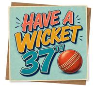 37th Birthday Card for Him, Have a Wicket, Cricket Ball | Celebrate his 37th with “Have A Wicket 37th” retro typography and a bright red cricket ball on a light blue front.