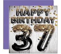 37th Birthday Card for Men, Black & Gold Glitter Balloons