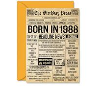 37th Birthday Card for Men Women - Bday Press Newspaper 1988 - Happy 37 Birthday Cards for Dad Friend Cousin Sister Neighbour Wife, A5 Bday Greeting Cards