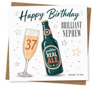 37th Birthday Card for Nephew, Beer Bottle & Colourful Stars | Bold Nephew 37th birthday card with champagne glass, beer bottle illustration, colourful star details and Happy Birthday.