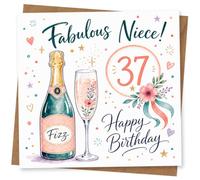 37th Birthday Card for Niece, Champagne & Confetti | 37th card with champagne, florals and playful confetti, featuring the front message “Fabulous Niece!” and “Happy Birthday”.