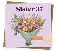 37th Birthday Card for Sister, 37 Lilac Bouquet | Celebrate your sister’s 37th with bold “Sister 37” text and a hand-tied wildflower bouquet on a soft lilac background.