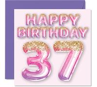 37th Birthday Card for Women - Pink & Purple Glitter Balloons - Happy Birthday Cards for 37 Year Old Woman Friend Sister Mum Auntie, 145mm Bday Greeting Cards Gift