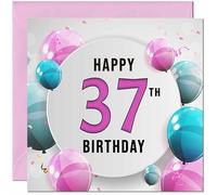37th Birthday Card for women - Pink Turquoise Balloon Number Birthday Card for 37 Year old Woman Friend Sister Mum Aunt Daughter thirty seven, thirty seventh cousin Niece