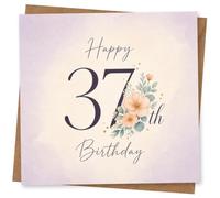 37th Birthday Card, Large Navy & Soft Peach Blossoms | Celebrate a 37th with a large navy “37th”, soft peach blossoms, leafy sprigs and elegant handwritten birthday script.