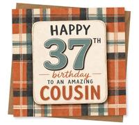 37th Birthday Card, Retro Plaid, Amazing Cousin Message | Retro-style plaid design with big “37th” and the message “Happy 37th birthday to an amazing cousin”.