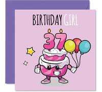 37th Birthday Cards for Women - Birthday Cake Girl Balloons - Happy Birthday Card for 37 Year Old Woman Daughter Niece Friend Colleague, 145mm Bday Greeting Cards