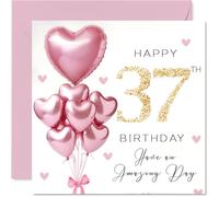 37th Birthday Cards for Women - Pink Glitter Balloons - Happy Birthday Card for 37 Year Old Woman Friend Sister Colleague Daughter, 145mm Bday Greeting Cards