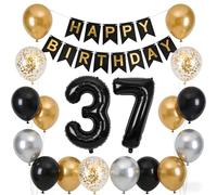37th Birthday Decorations for Men Women, Black Metallic Silver Gold Happy 37 Birthday Party Banner Supplies Big Number 37 Foil Latex Confetti Balloons for 37 Years Men Him Husband(37th)
